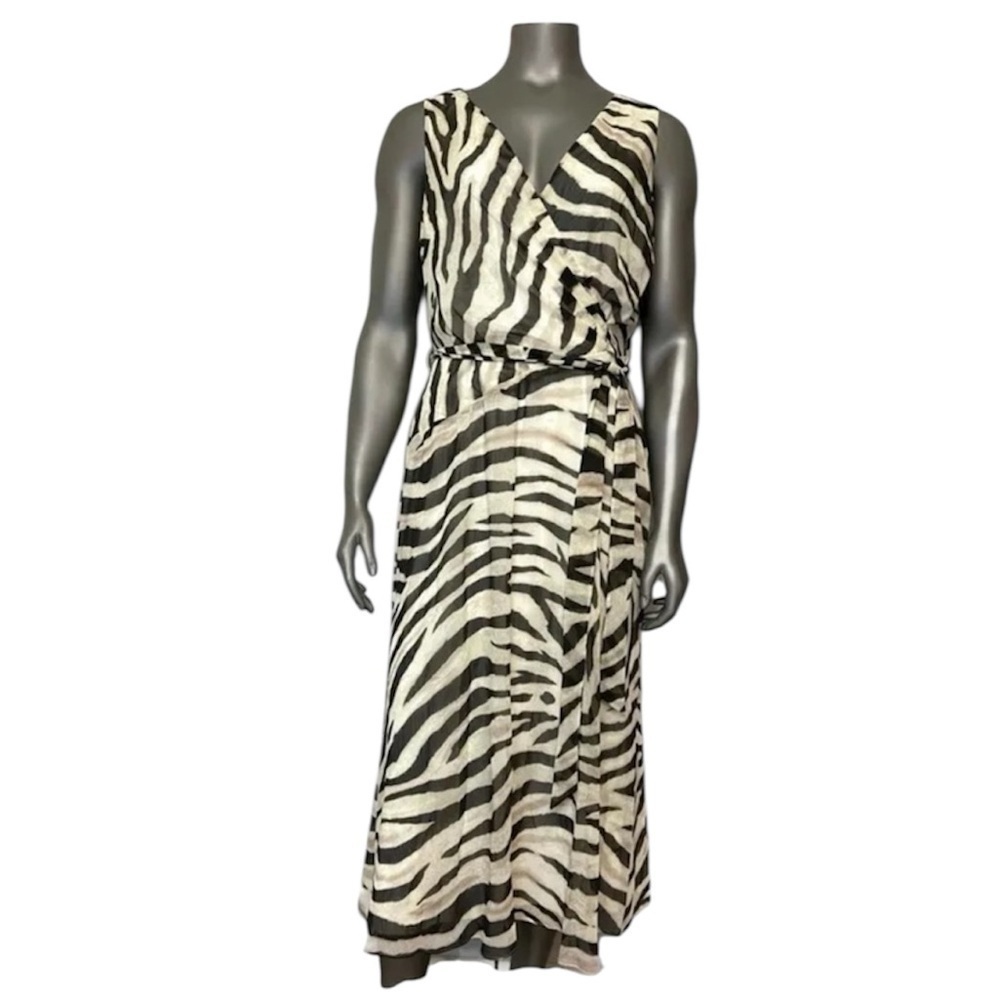 Lauren Ralph Lauren Dress Womens 10 Wrap Animal Print Brown LRL Midi V Neck Belt